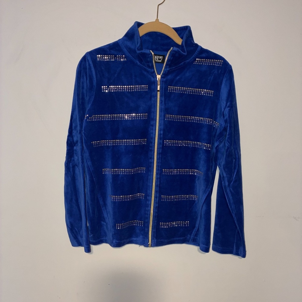 Onque Casual Blue Velour Rhinestone Zip Up Jacket Womens PM Y2K